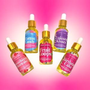 Set of 5 Scented Body Oils, Fruit Loops, Unicorn, Strawberry, Birthday Cake, Cotton Candy Body Glow Oil, Hand made Body Oil, Sweet Body Oil