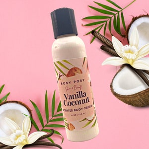 Crema corporal cremosa de vainilla y coco de 4 oz. Crema corporal cremosa, vainilla, coco, crema corporal con aroma dulce, crema corporal de coco, aroma a coco