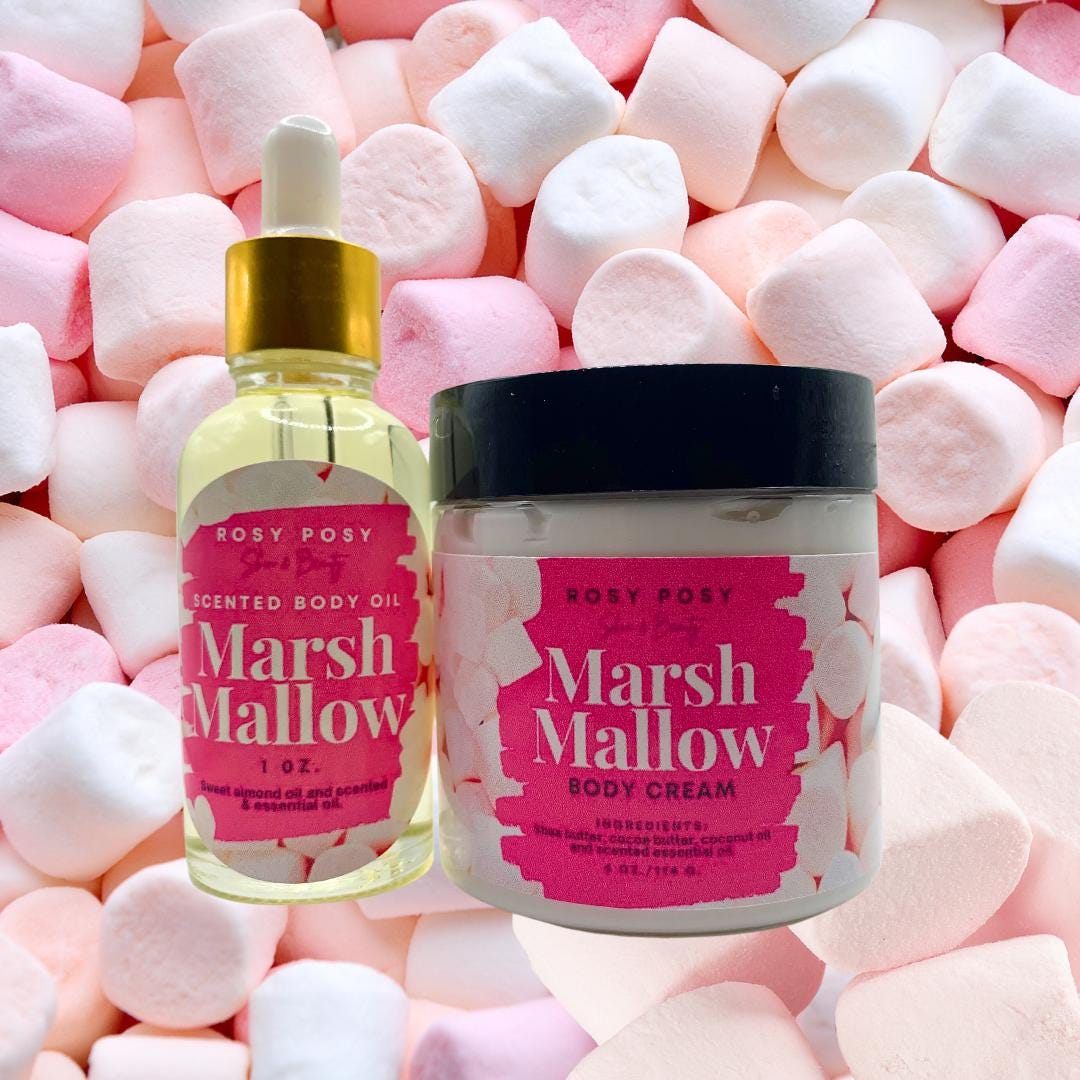 Marshmallow Body Cream Bundle, 4oz. Body Cream and 1 oz. Body Oil, Marshmallow scent, sweet marshmallow scented, holiday gifts, christmas