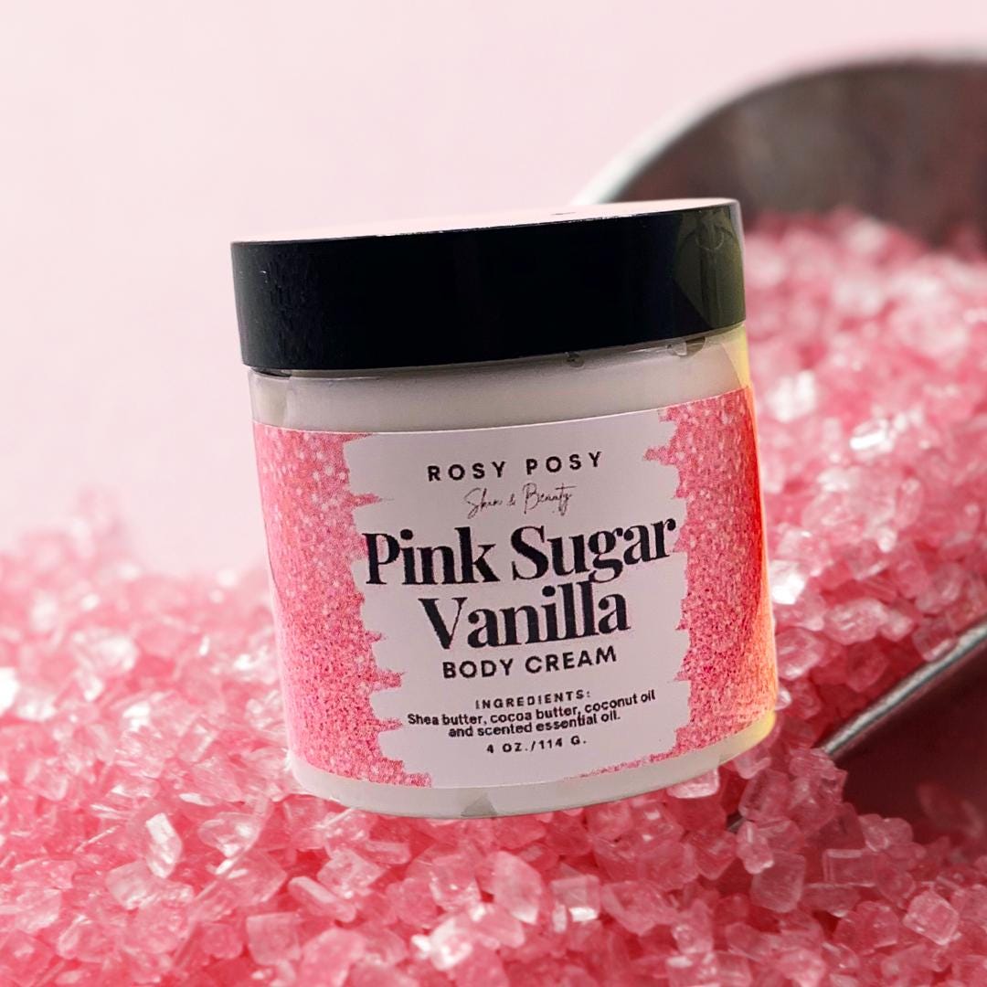 Creme Corporal Pink Sugar Vanilla 4 oz., fragrância Pink Sugar, fragrância quente e doce, açúcar rosa com tons de baunilha, presentes de Páscoa