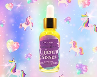 1 once Huile corporelle parfumée baisers de licorne, huile éclat pour le corps licorne, huile pour le corps faite à la main, huile pour le corps douce, cadeaux d'anniversaire, licornes