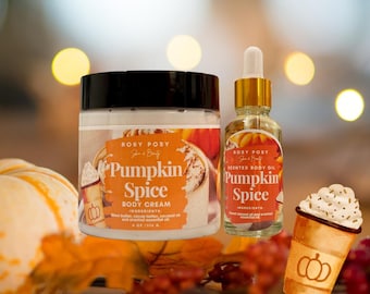 Paquete de crema corporal y aceite corporal con especias de calabaza, 113 ml de crema y 28 ml de aceite — Aroma cálido a calabaza otoñal, Un postre de calabaza reconfortante, Latte con especias de calabaza