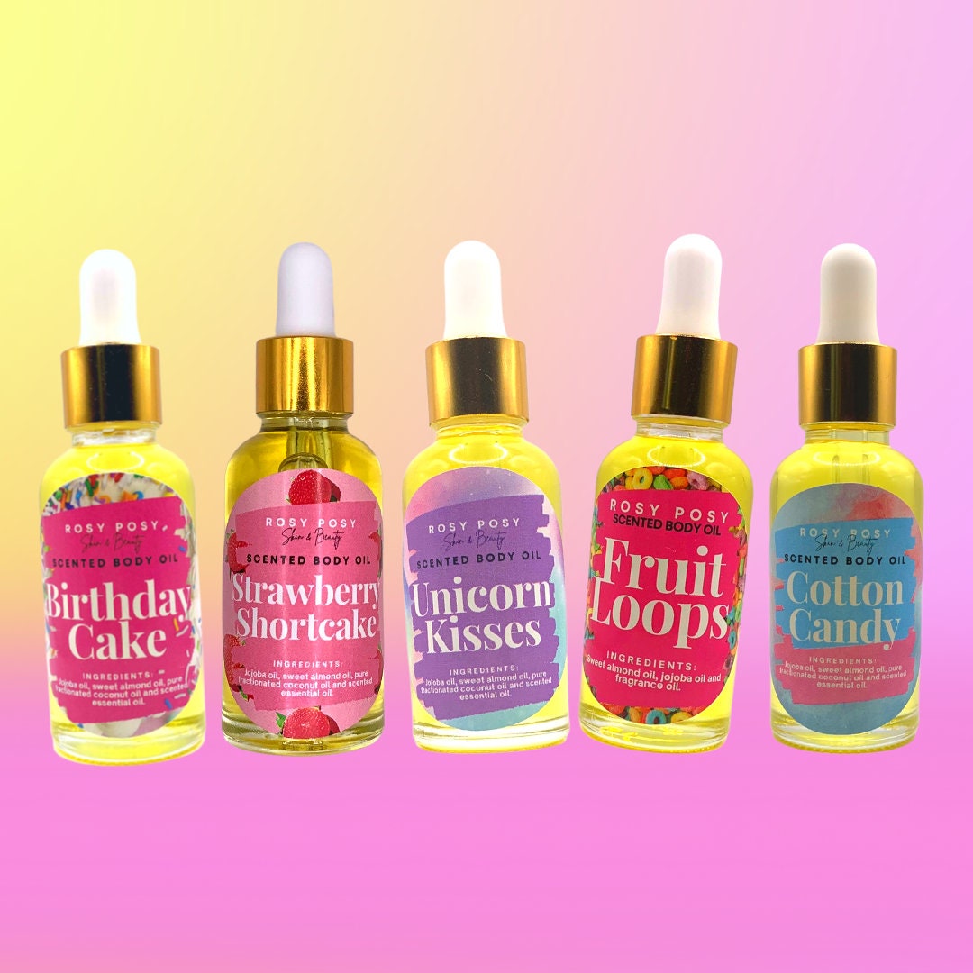 Set of 5 1 Oz. Scented Body Oils, Fruit Loops, Unicorn, Strawberry