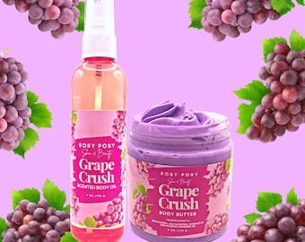 115 g vispat kroppssmör med druvkrossning och 115 g spraykroppsolja, doft av söt druva, druva, typ "grape jolly rancher", doft av druvsoda