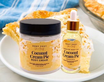 Coconut Cream Pie Body Cream Bundle, 4oz. Body Cream and 1 oz. Body Oil, coconut cream pie scent, coconut cream, coconut cream pie body oil