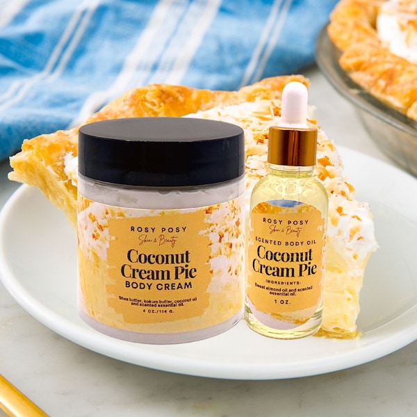 Coconut Cream Pie Body Cream Bundle, 4oz. Body Cream and 1 oz. Body Oil, coconut cream pie scent, coconut cream, coconut cream pie body oil