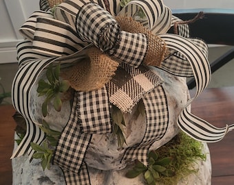 Rustic Farmhouse Faux-Stone Faded Pumpkin Succulent Centerpiece with Buffalo Check & Burlap Bow