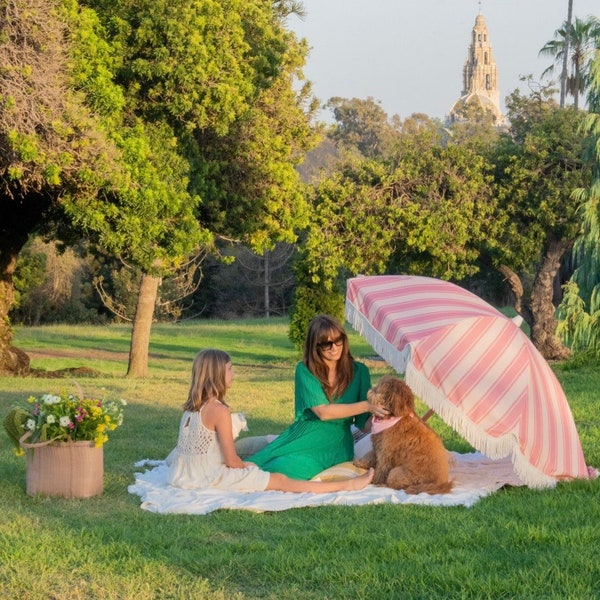 Patio & Beach Umbrella - Pink Stripe - Vintage -  Boho Fringe / Tassel  - perfect for picnic