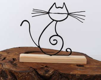 Gift idea Cat Oneline Art Animal lover Wire figure Home decoration Unique Hand-bent cat made of stainless steel and wood