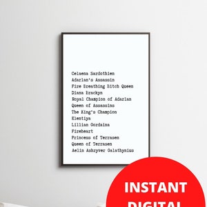 Trono de Cristal/ Nombres de Aelin Ashryver Galathynius/ SJM/ Bookish/ Wall Art