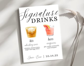 Signature Drink Sign Bar Menu Template | Watercolor Cocktail Clipart Bundle | Minimalist Printable Bar Menu | Wedding Cocktail PNG | 8X10