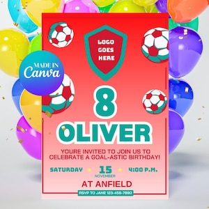 Invitación de cumpleaños inspirada en el Liverpool / Fútbol de la Premier League / Liverpool Football Club / Invitación de fútbol inspirada en el Liverpool / Plantilla de Canva