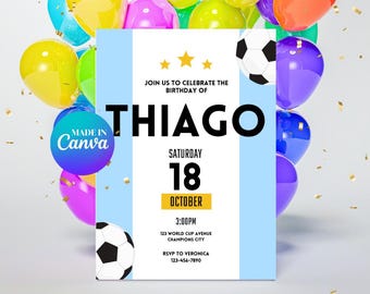 Invitación editable de la selección de fútbol de Argentina / Invitación de cumpleaños editable de Messi / Fiesta de la Copa del Mundo / Invitación de cumpleaños de fútbol / Plantilla Canva / 5X7