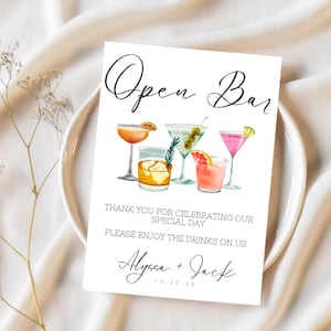 Editable Open Bar Wedding Sign | Open Bar Sign | Simple Minimalist Drinks Sign | Alcohol Drink Bar Sign | Editable Template | Insta Download