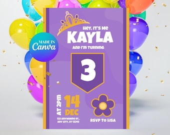 Purple and Yellow Birthday Party Invitation | Crown And Flower Birthday Invite | Editable Birthday Invitation | Instant Download Invitation