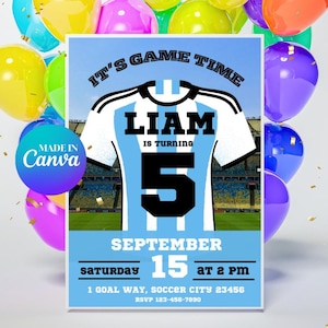 Modelo de convite de aniversário do Messi | Convite de aniversário de futebol | Convite editável para o time de futebol argentino | Festa de futebol editável