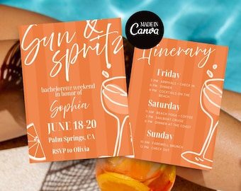 Plantilla de invitación e itinerario para despedida de soltera (Sun and Spritz) / Plantilla de itinerario y planificador digital para fin de semana de despedida de soltera / Aperol Spritz / Canva
