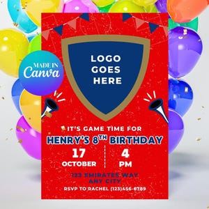 Invitación de cumpleaños inspirada en el Arsenal / Fiesta de fútbol de la EPL / Fiesta de fútbol / Temática deportiva / Invitación de Canva / Invitación de cumpleaños de fútbol
