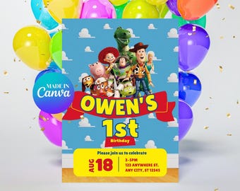 Toy Story 1st Birthday | Toy Story Birthday Invitation Template | Editable Toy Story Birthday Invitation | Canva Template | Woody | Buzz