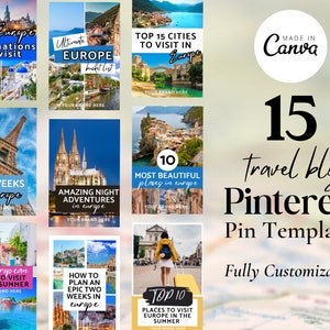 15 Travel Templates, Pinterest Pins, Pinterest Graphic Templates, Travel Blogger Pin Template, Canva Template, Pinterest Pin, Blog Template