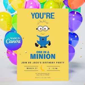 One in a Minion Birthday Invitation | Minion birthday invitation | Minion themed birthday | Canva Template | Minimal Minion Invitation | 5X7