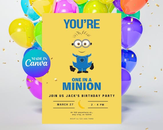 One in a Minion Birthday Invitation | Minion birthday invitation | Minion themed birthday | Canva Template | Minimal Minion Invitation | 5X7