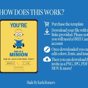 May include: A yellow digital invitation template with a Minion character, text "YOU'RE ONE IN A MINION", and party details. Instructions on how to use the template are on the right side of the image. The background is blue.