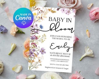 Baby In Bloom 招待状 | ベビーシャワー招待状 | ワイルドフラワー ベビーシャワー招待状 | 編集可能な Baby in Bloom ベビーシャワー | Canva テンプレート