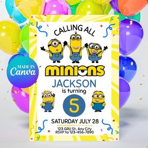 Editable Minions Birthday Invitation | Editable Yellow Birthday Invitation | Minions Birthday Party | Canva Template for Digital Download