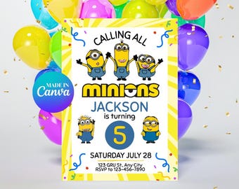 Editable Minions Birthday Invitation | Editable Yellow Birthday Invitation | Minions Birthday Party | Canva Template for Digital Download