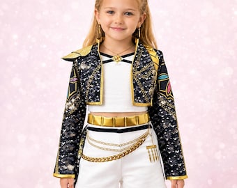 Anime Style K Pop Rumi Costume, Rumi Inspired Black White Gold Cosplay Outfit For Girls, K Pop Demon Slayer Costume, Fantasy Cosplay Dress.