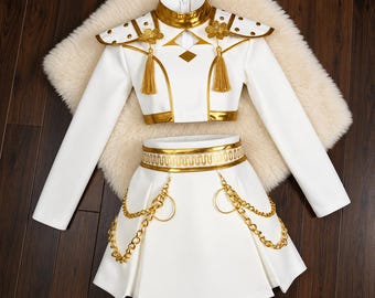 K Pop Demon Hunter Costume, White Gold K Pop Inspired Outfit For Girl, K Pop Demon Slayer Costume, Fantasy Girl Cosplay Dress, Kpop Fan Gift