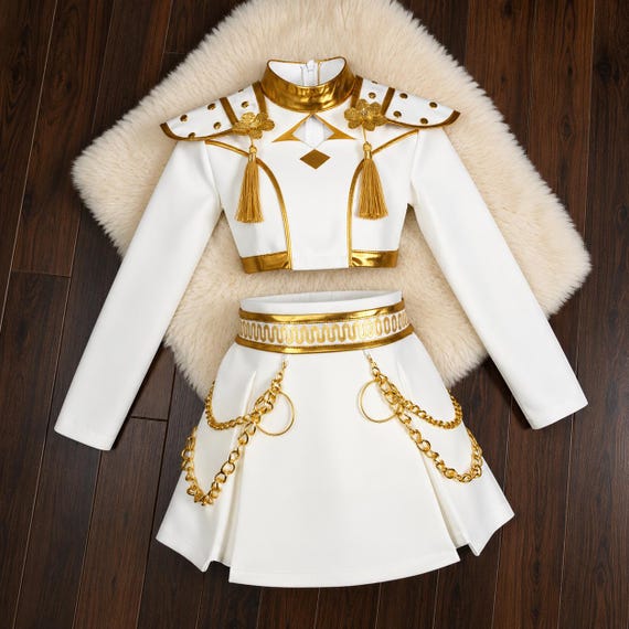K Pop Demon Hunter Costume, White Gold K Pop Inspired Outfit For Girl, K Pop Demon Slayer Costume, Fantasy Girl Cosplay Dress, Kpop Fan Gift