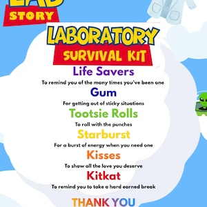 Puede incluir: Un cartel azul y blanco con las palabras "LAB STORY" y "LABORATORY SURVIVAL KIT". El cartel incluye una lista de caramelos y un mensaje de agradecimiento. El período es del 19 al 25 de abril de 2026.