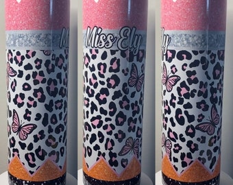 Teacher Leopard Pencil Tumbler - 20oz 30oz - Butterflies - Name - Insulated