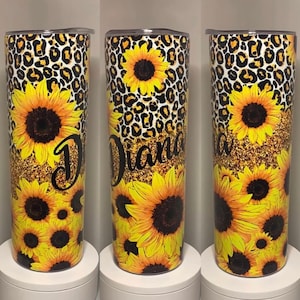 Leopard Sunflower Tumbler - 15oz 20oz 30oz - Flowers - Name Optional - Insulated