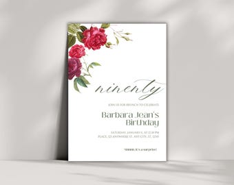 Invitación a brunch para 90 cumpleaños / Celebración floral (digital)