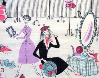 May include: A vintage illustration of a hat shop with a variety of hats on display, including a witch's hat, a wide-brimmed hat, and a cloche hat. Two women are shown in the shop, one wearing a purple dress and the other wearing a black dress. The illustration is in a whimsical style with a pink and purple color scheme.