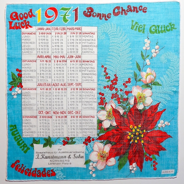 Orig. Kreier Vintage Handkerchief Calendar 1971 with congratulations