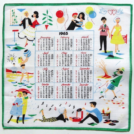 1963 Kalender Taschentuch mit verschiedenen Szene… - image 1