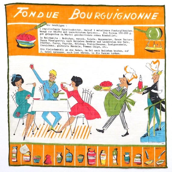 1950s Fondue Bourguignonne Handkerchief – Recipe & Dinner Party Motif – Stoffels Swiss Batist