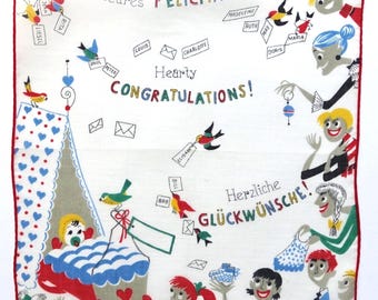 1960er Kreier Taschentuch Glückwünsche zur Geburt - unbenutzt