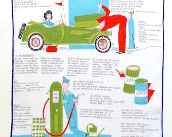 Fazzoletto Stoffels d'epoca • Officina "Garage Guide" e scena di auto d'epoca • Anni '60, batista di cotone svizzero