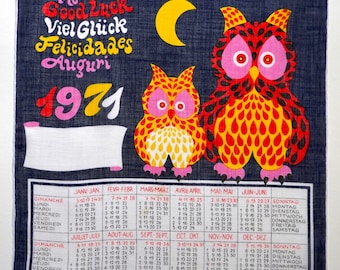 Fazzoletto Kreier vintage con calendario del 1971 e gufi