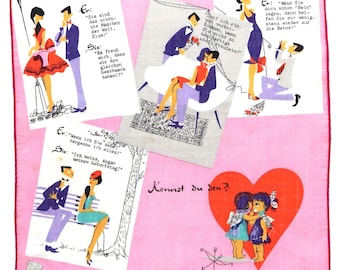 Vintage Stoffels Handkerchief Romantic 1950s Design – Love Scenes Swiss Cotton Hankie