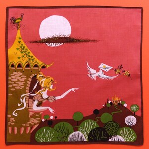 Vintage Taschentuch von Eva Wenzel-Bürger • Märchenszene mit Burg & Botentaube • unbenutzt