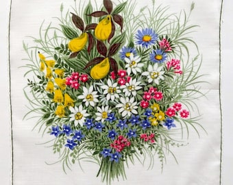 Mouchoir des années 60 avec des fleurs d'été colorées, des babouches, des bleuets et des vaches maigres