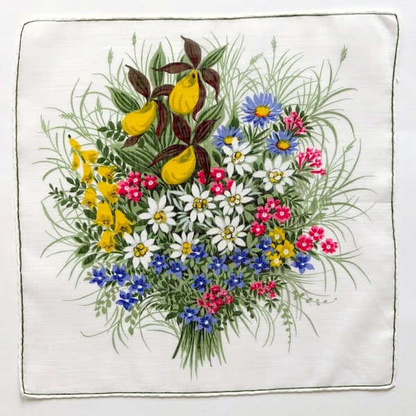 60s Taschentuch mit bunten Sommerblumen, Frauenschuh, Kornblumen und Mageritten