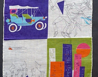 Przedmiot promocyjny z lat 60.: Swissair City i tańcząca para w stylu z połowy XX wieku – szwajcarski batyst bawełniany, zwijany ręcznie, chusteczka vintage Mavie