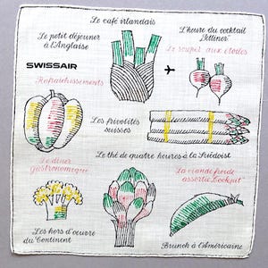 60s SWISSAIR Werbetaschentuch Menükarte Gemüse Artischoke, Spargel, Erbsen...